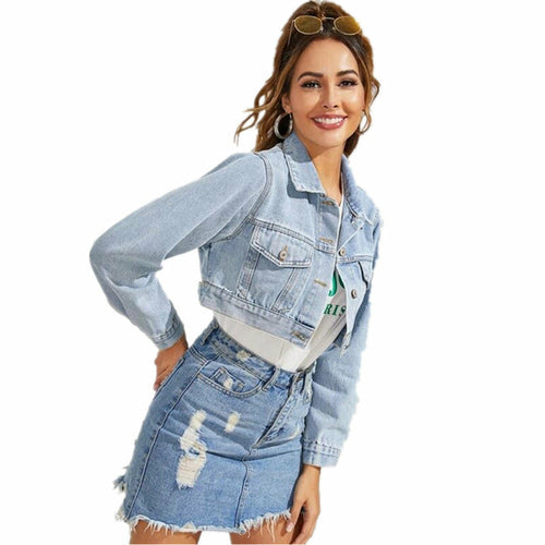 Turn-down Collar Women Denim Jacket Caot