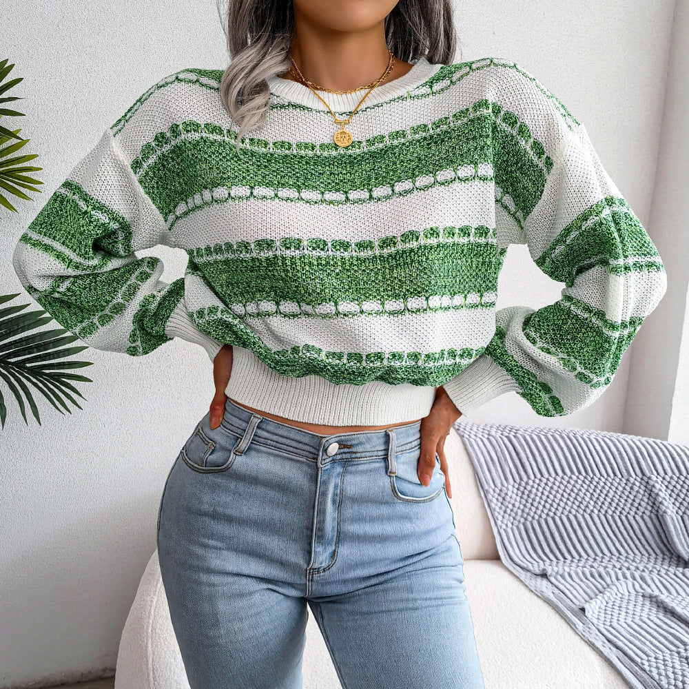 Two-Tone Round Neck Ribbed Trim Cropped Sweater (more color options)