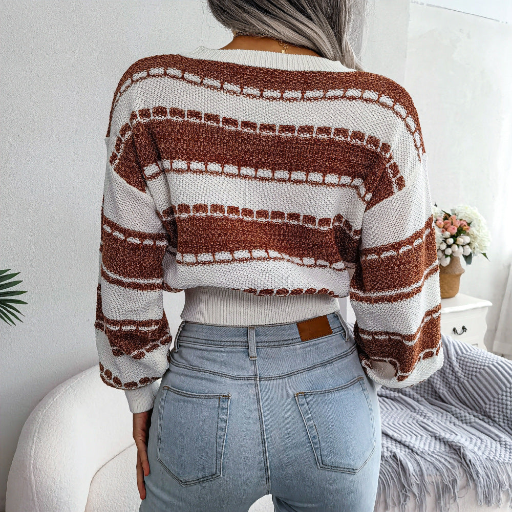 Two-Tone Round Neck Ribbed Trim Cropped Sweater (more color options)