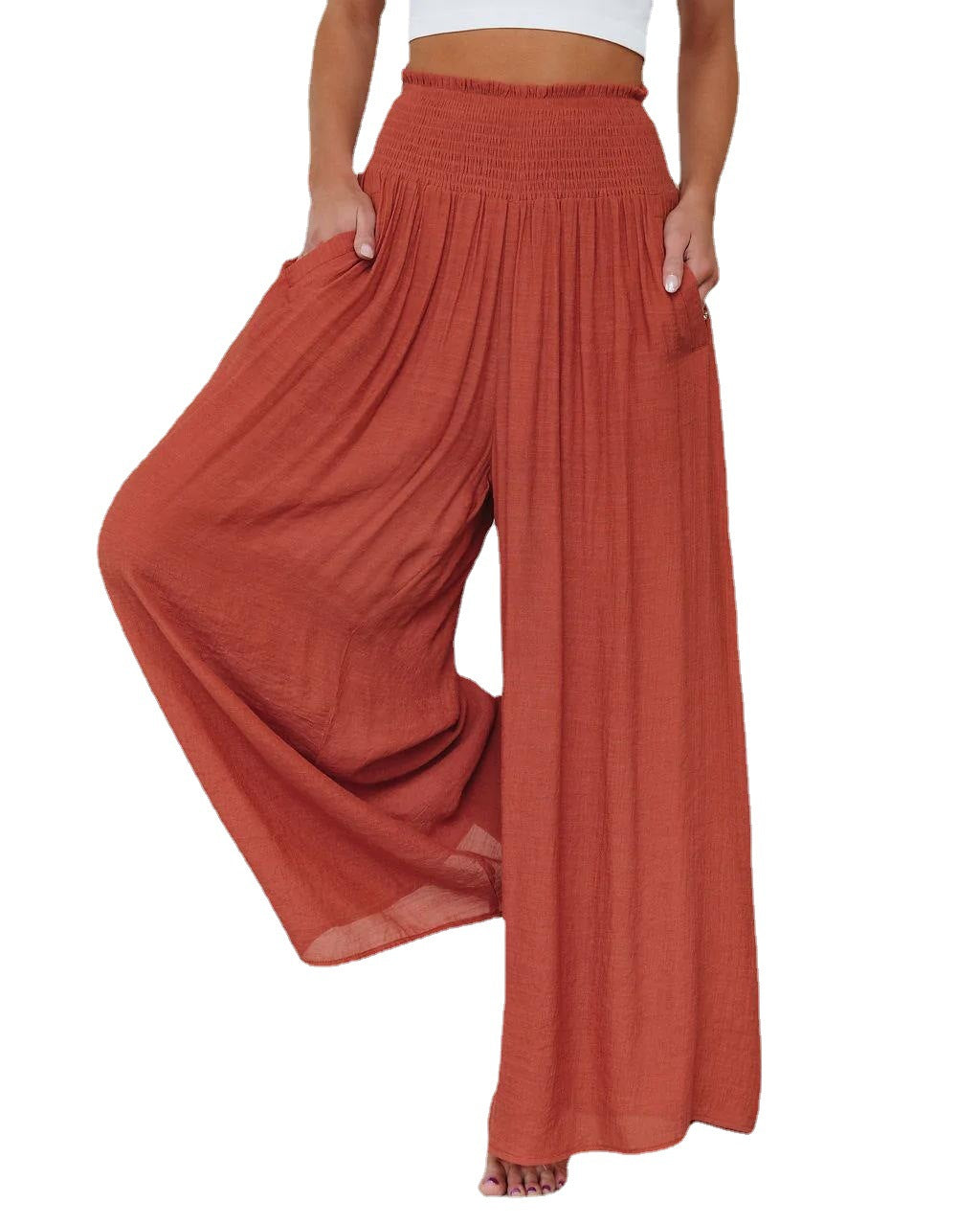 Loose Cotton Wide-Leg Pants with Elastic Waistband and Pockets