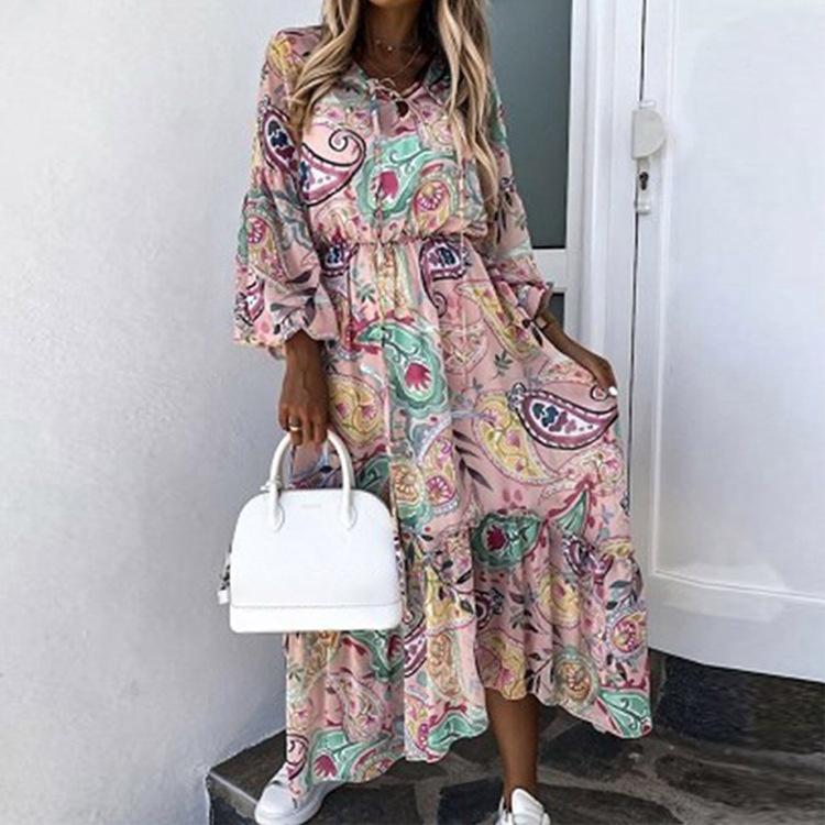 2021 Autumn Lantern Long Sleeve Floral Print Dress Women