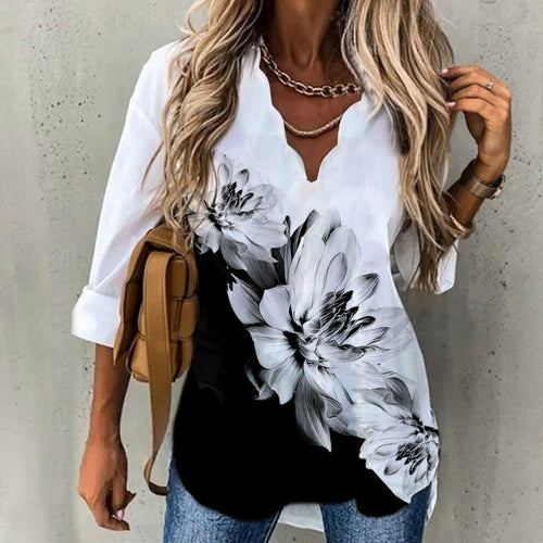 Wave Collar Shirt Printed Long-sleeved Tops