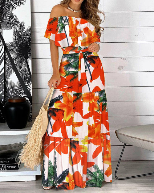 Summer Floral Off-shoulder Maxi Dress with Ruffled Hem and Straps