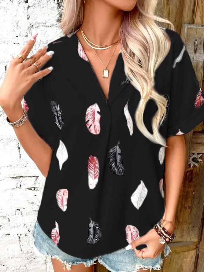 Printed feather shirt Short sleeve shirt