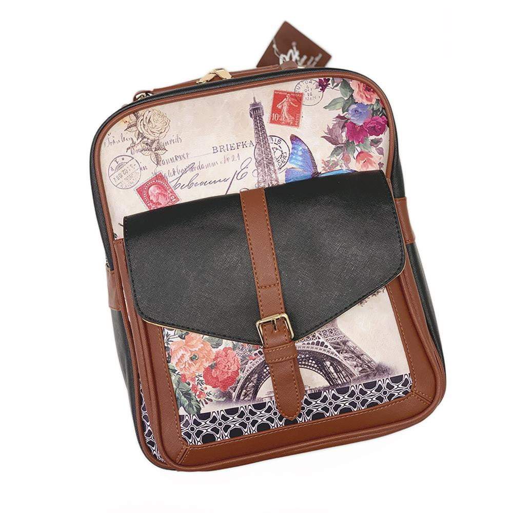 OH Fashion Medium Backpack Vegan Leather Handbag Paris, Black