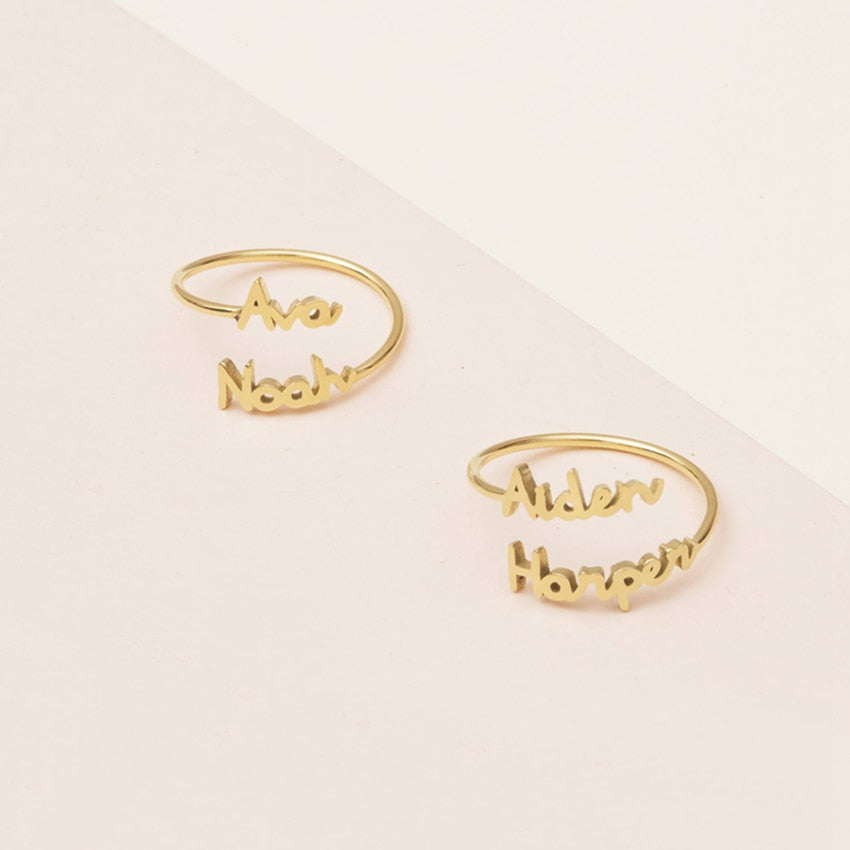 Personalized Adjustable Double Name Couple Rings | White Themis