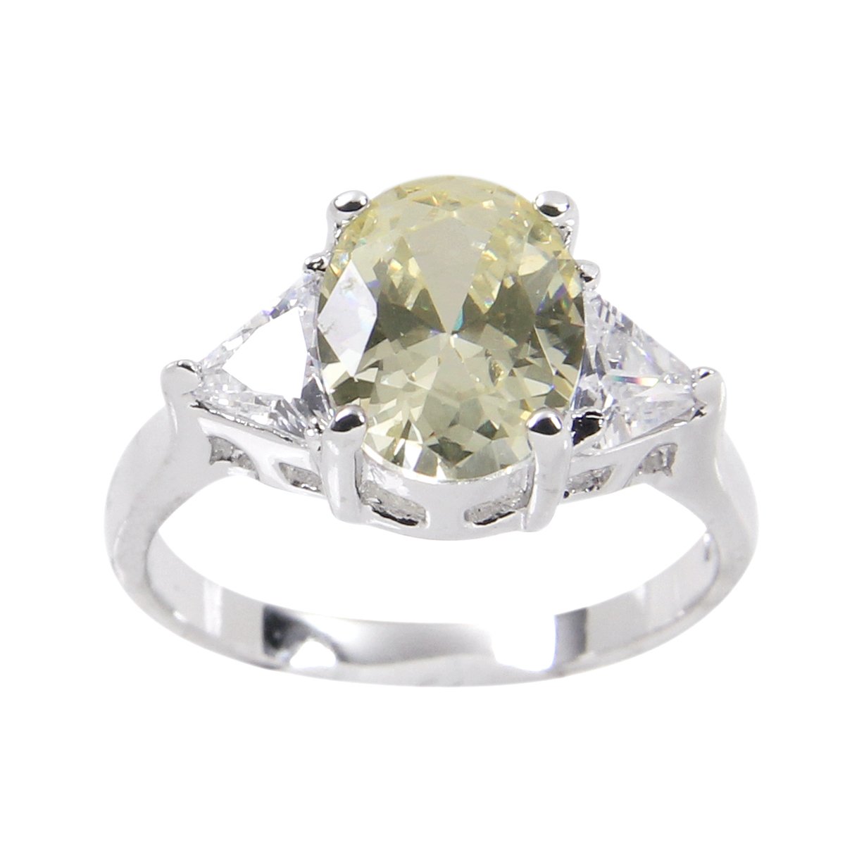 Three Stone Sterling Silver Pale Yellow Trillion Cut Ring | Mint Green Sunflower