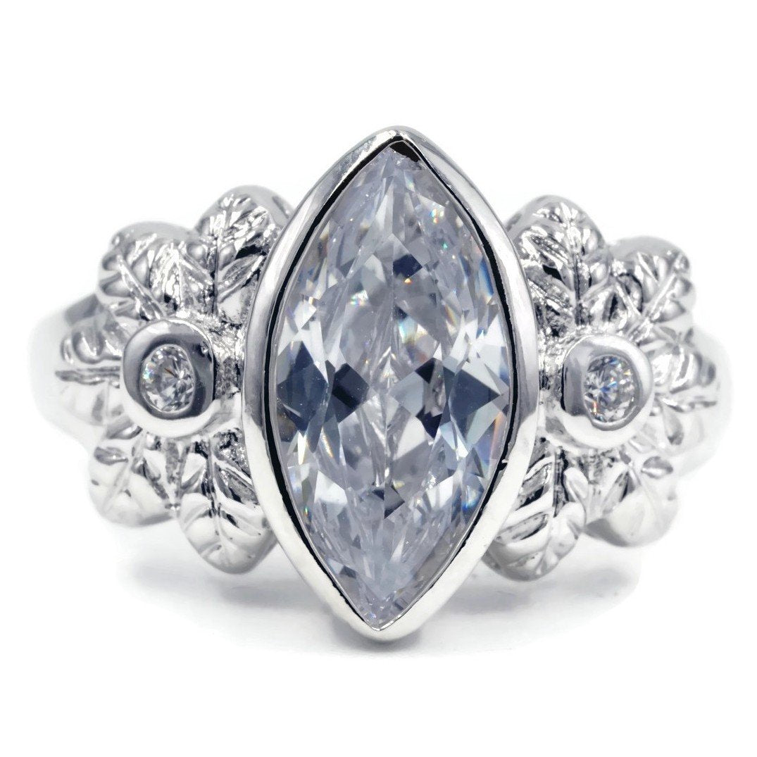 Large Bezel Set Marquise Flower Detail Statement Ring