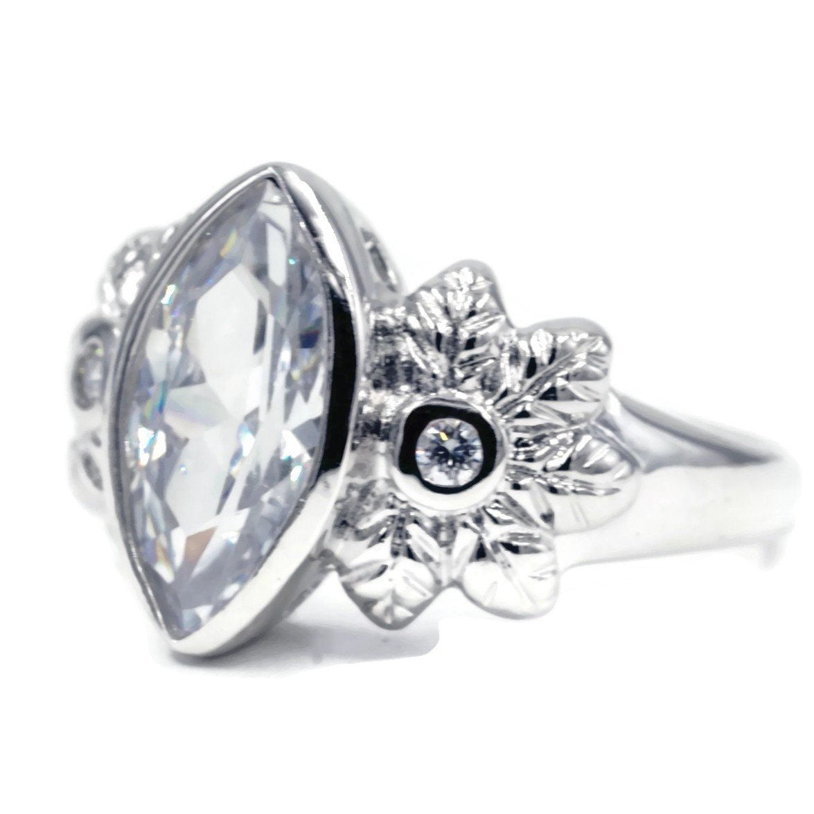 Large Bezel Set Marquise Flower Detail Statement Ring