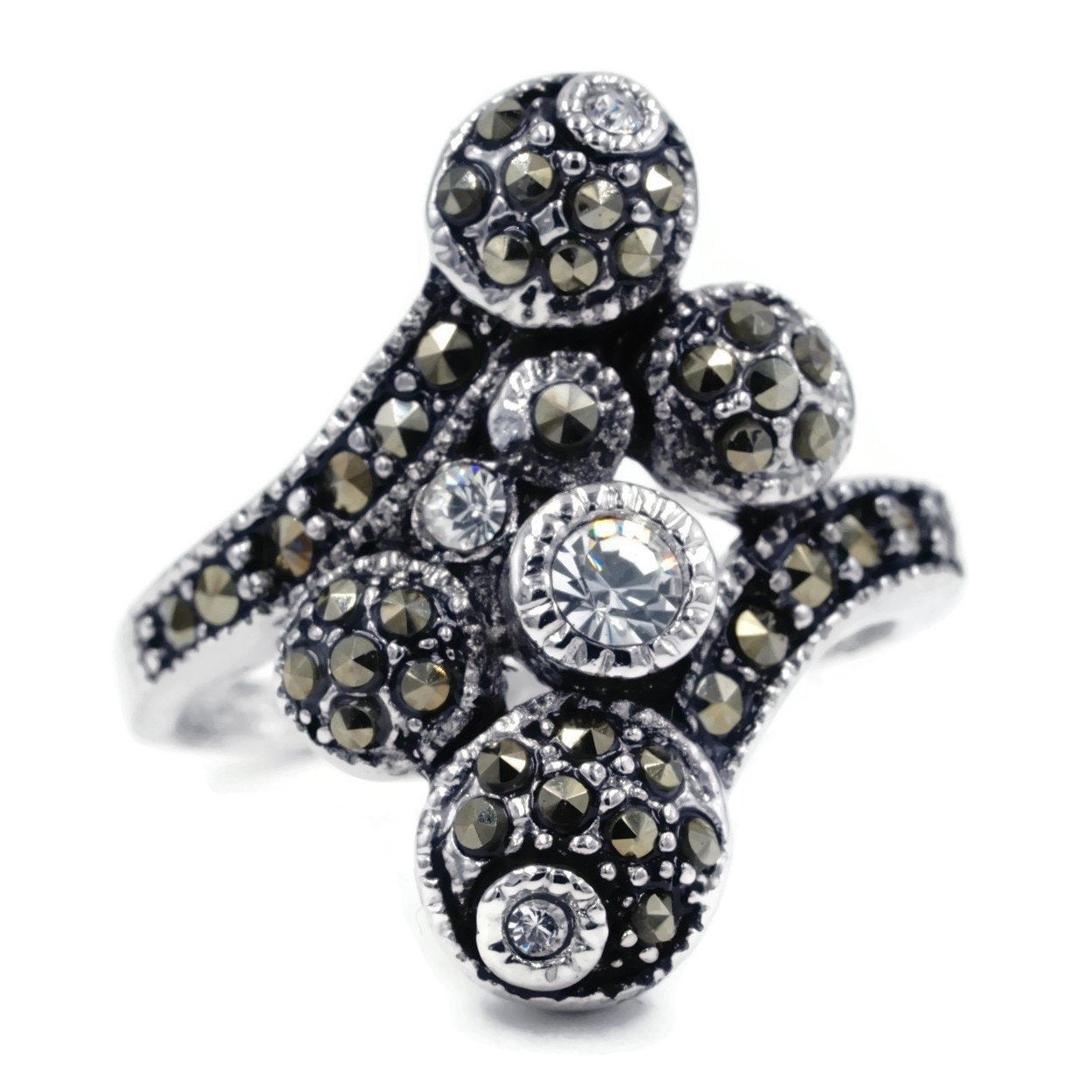 Marcasite Crystal Ball Antique Finish Ring