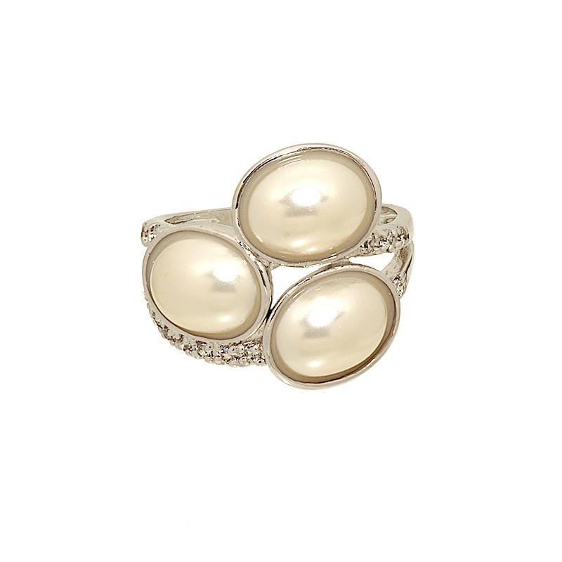 Cabochon Faux Pearl and Cubic Zirconia Wrap Silvertone Ring