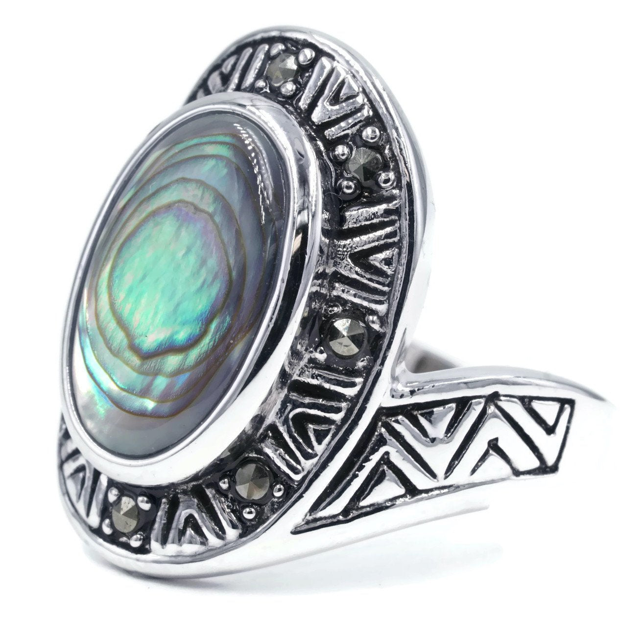 New Aztec Design Genuine Abalone Shell Marcasite Ring