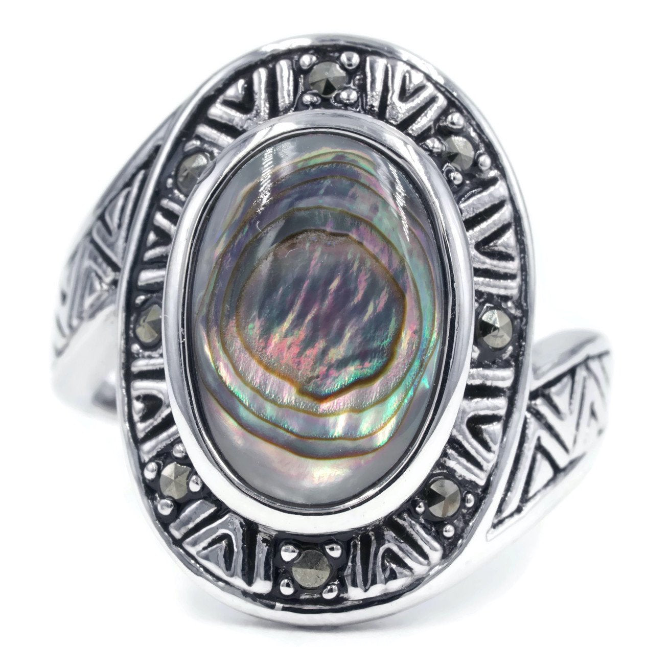 New Aztec Design Genuine Abalone Shell Marcasite Ring | Mint Green Sunflower