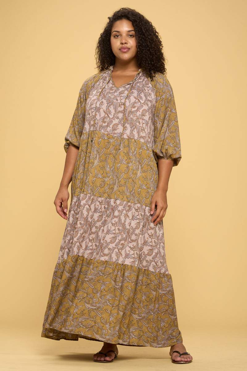 Paisley Maxi Tier Dress with Tie Collar