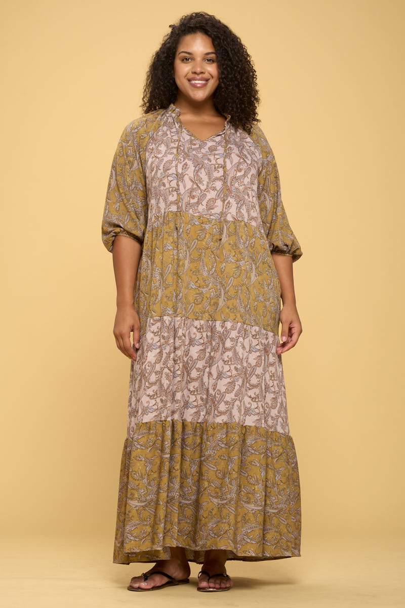 Paisley Maxi Tier Dress with Tie Collar