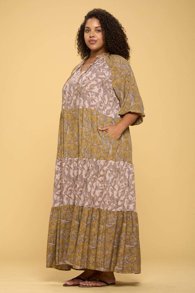 Paisley Maxi Tier Dress with Tie Collar