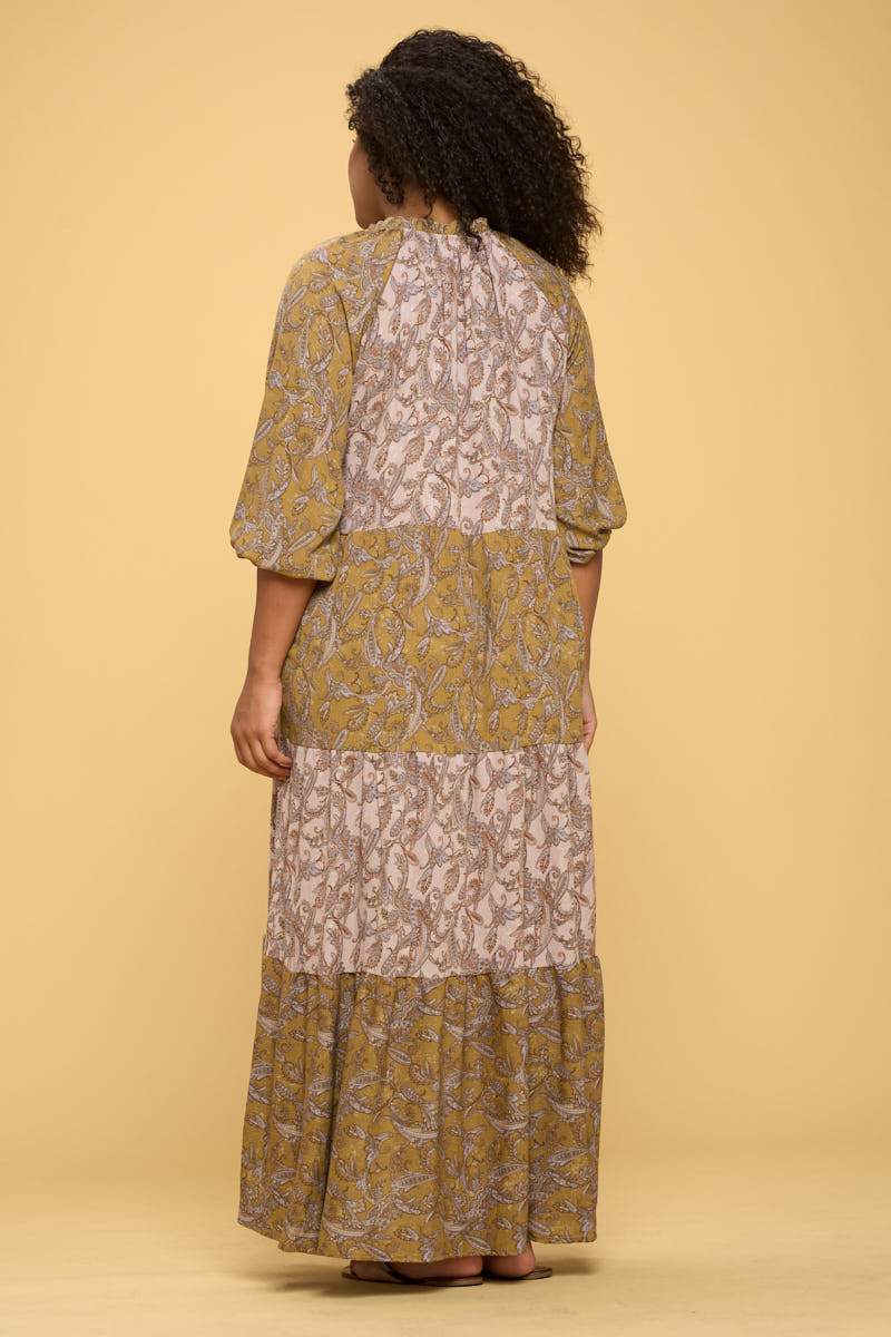 Paisley Maxi Tier Dress with Tie Collar