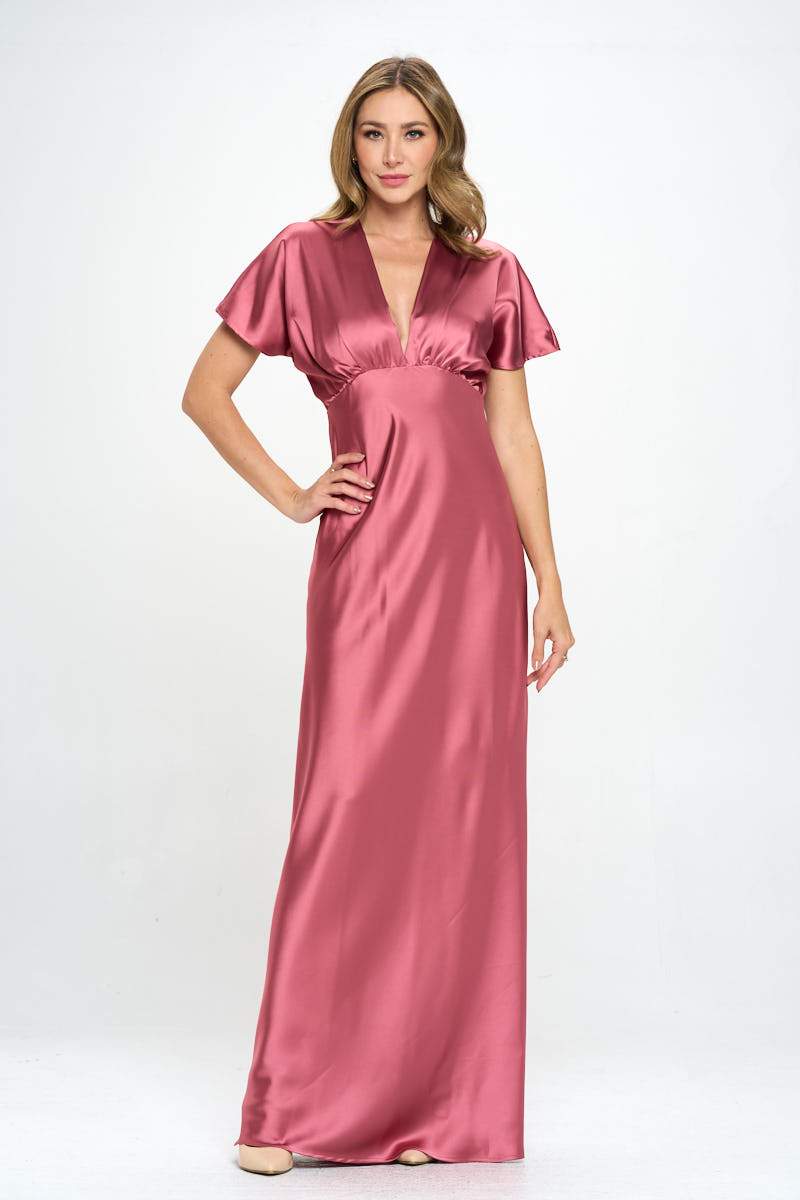 Satin Solid Deep V neck Formal Dress