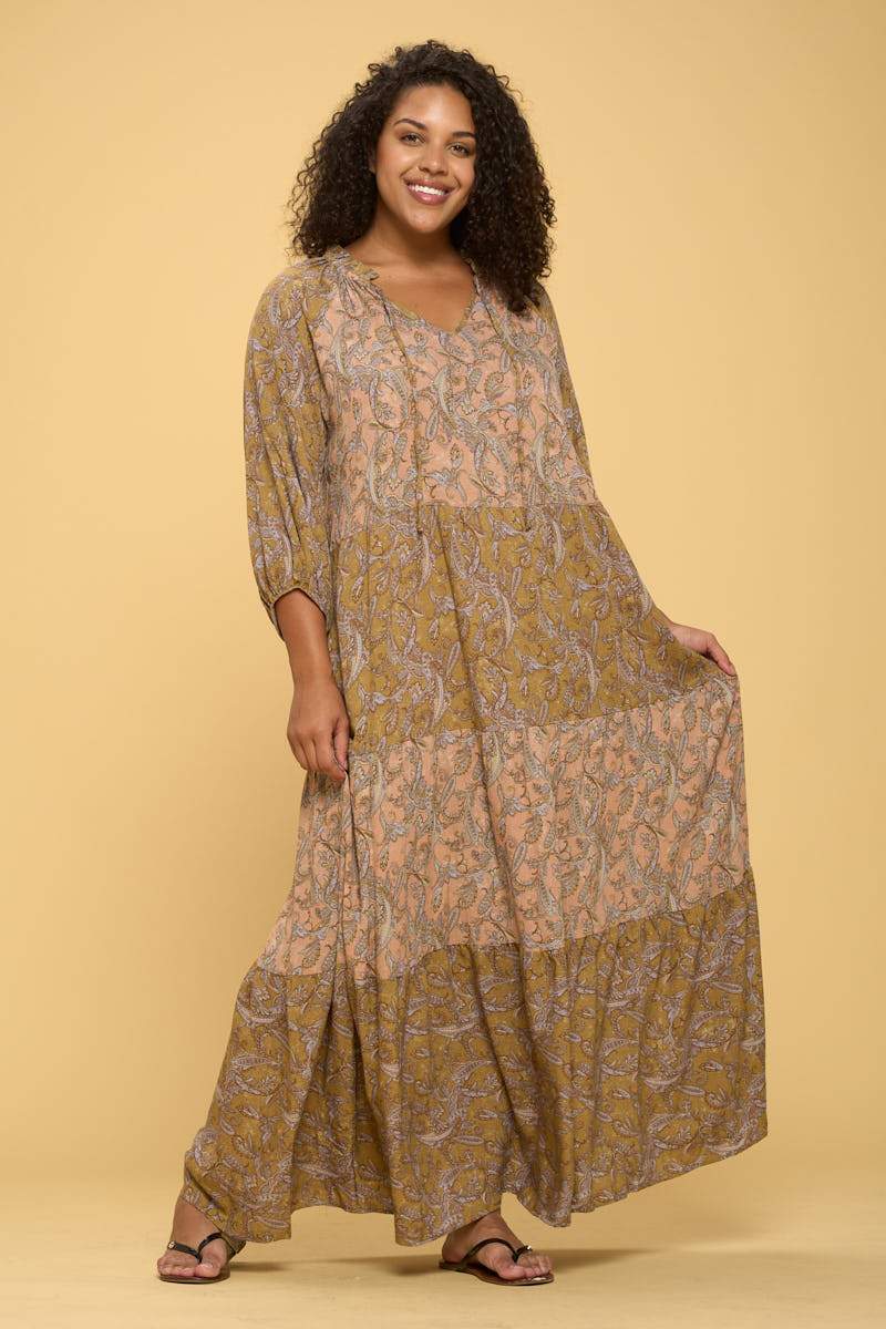 Paisley Maxi Tier Dress with Tie Collar