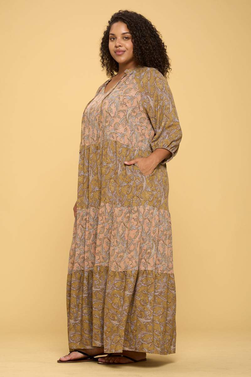 Paisley Maxi Tier Dress with Tie Collar