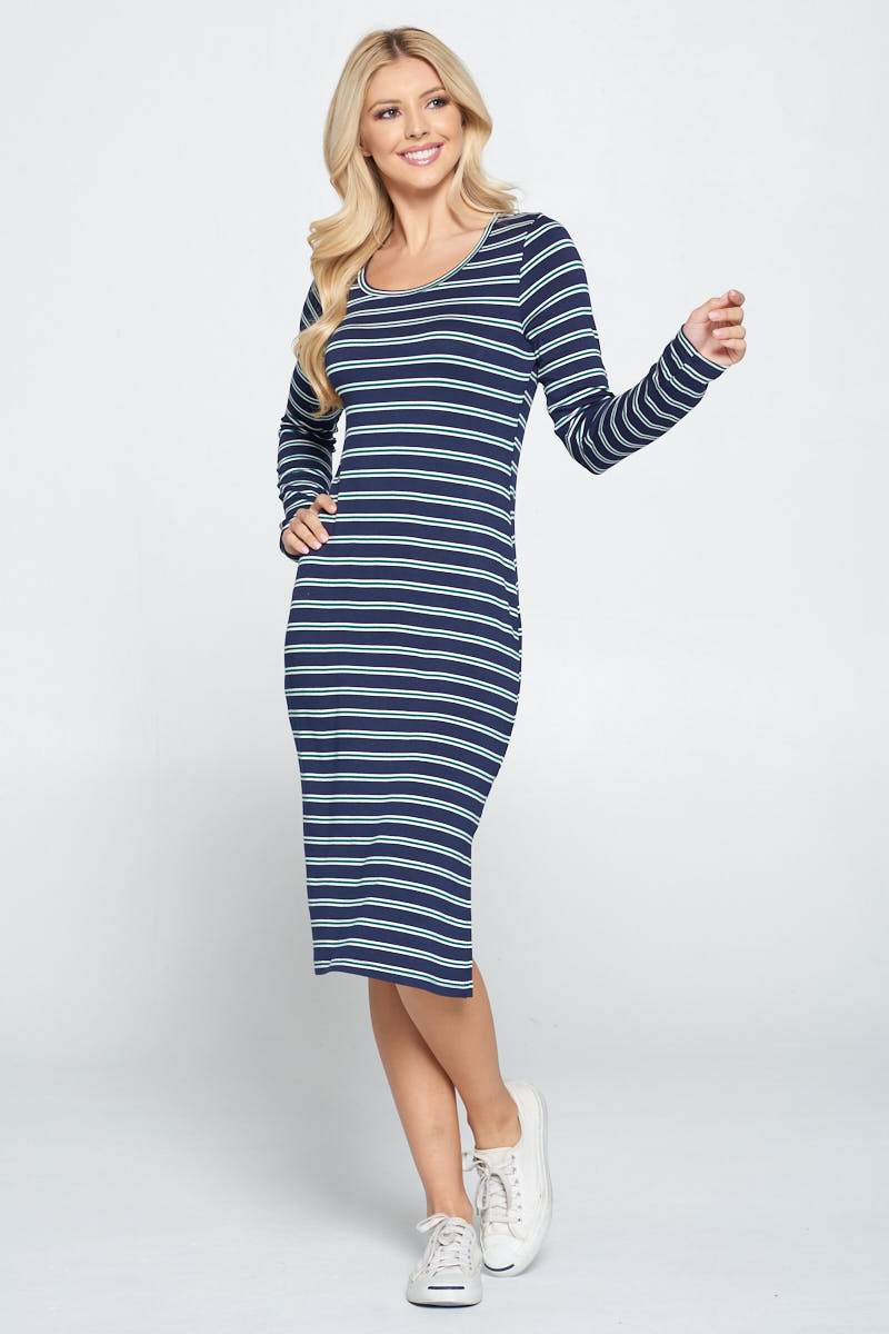 Striped Relaxed Bodycon Midi Dress with Slit