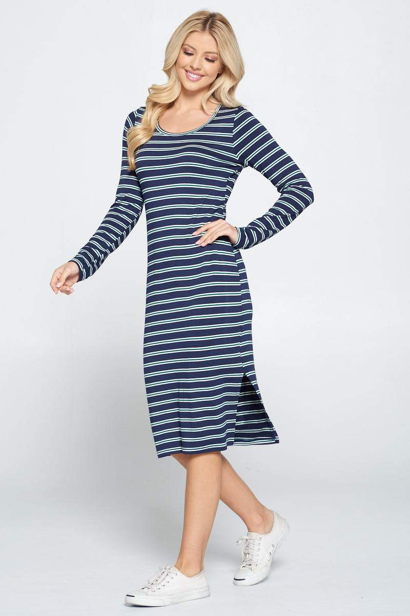 Striped Relaxed Bodycon Midi Dress with Slit