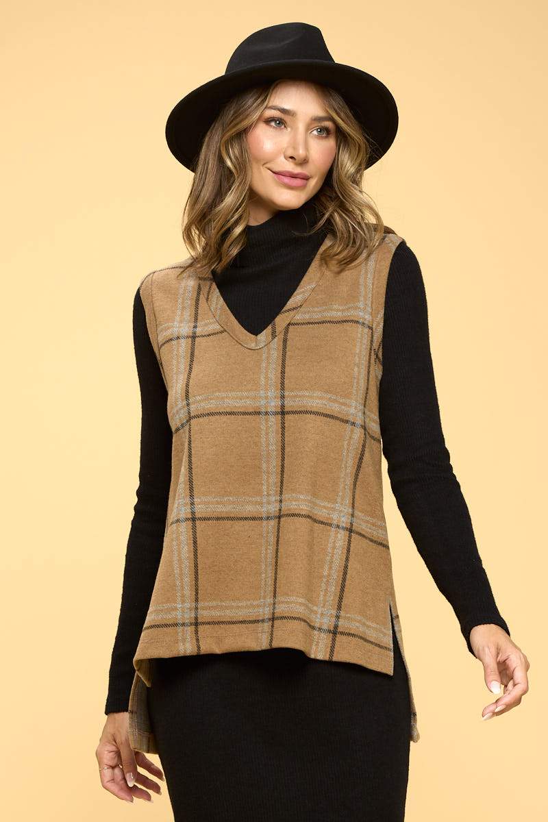 Plaid V neck Vest with Side Slit