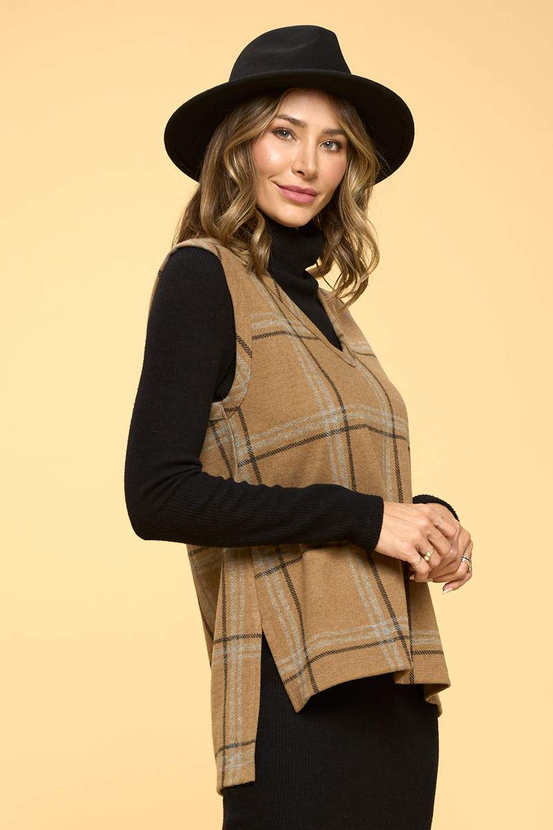 Plaid V neck Vest with Side Slit