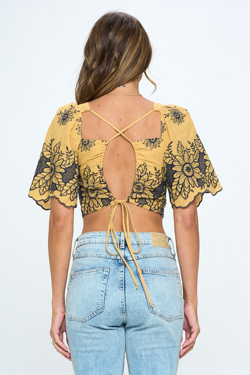 Embroidered Cotton Crop Top with Open Back