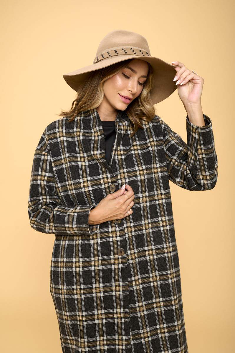 Plaid Coat with Buttons and Pockets