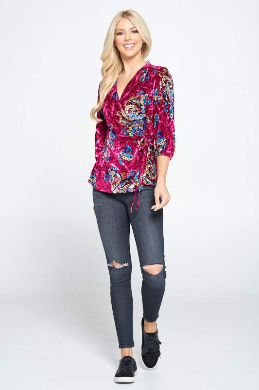 Velvet V-neck Wrap Top with Tie