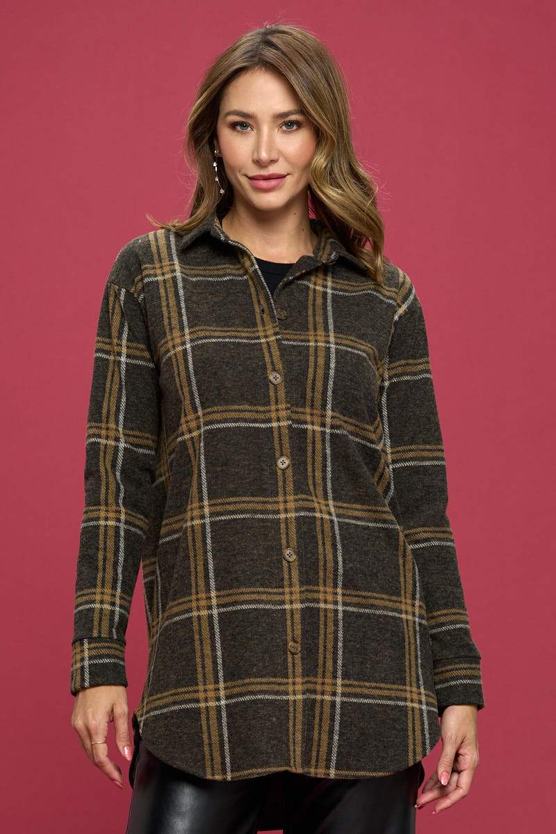 Plaid Print Flannel Top with Hi-Lo Hem