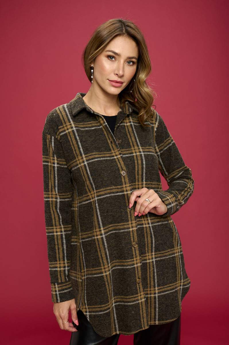 Plaid Print Flannel Top with Hi-Lo Hem