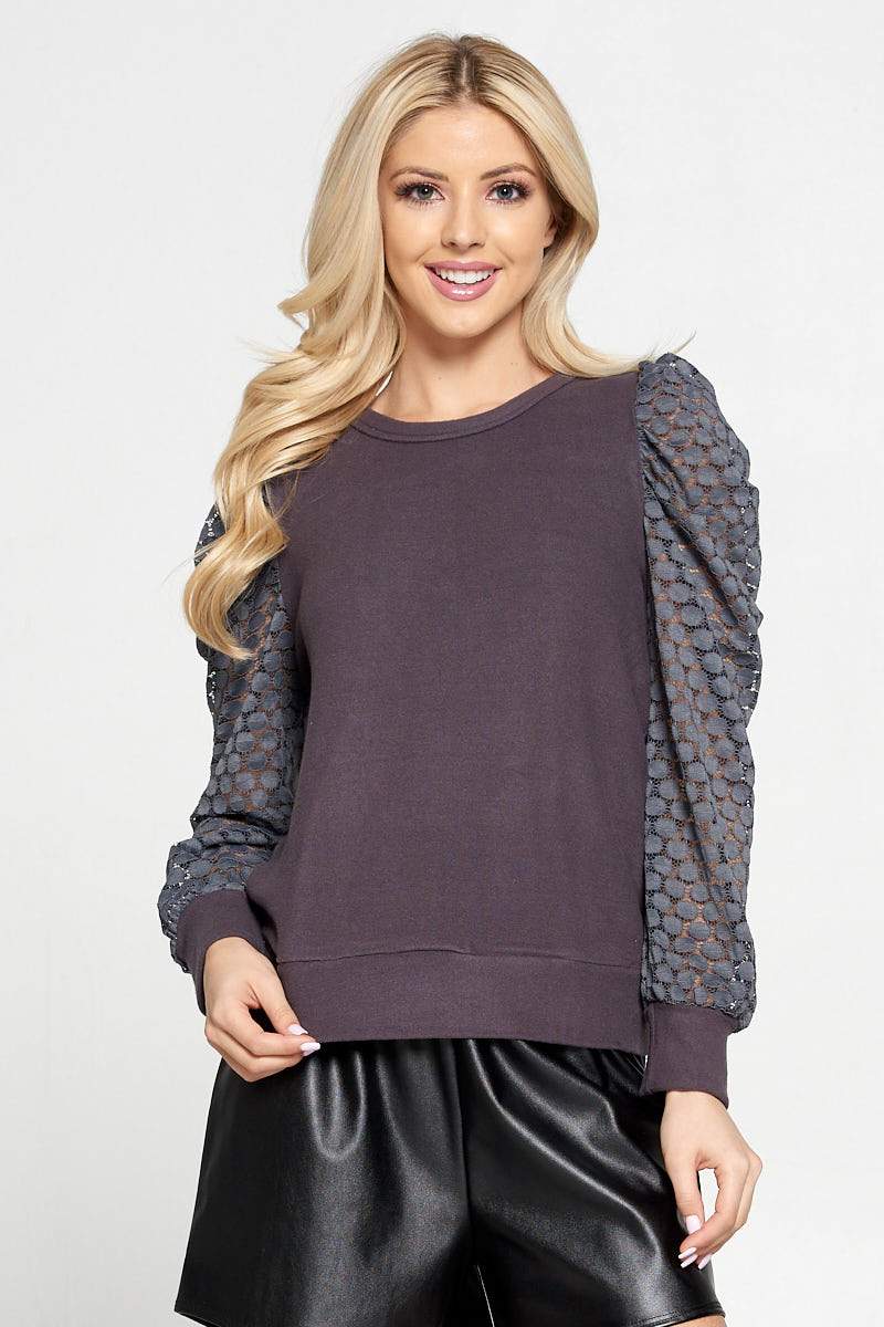 Charcoal Sheer Polka Dot Puff Sleeve Top