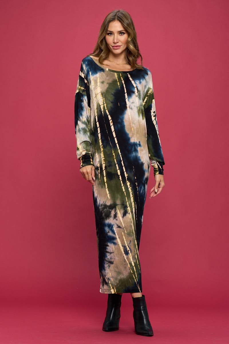 Tie Dye Long Sleeve Maxi Dress with Cuffed Sleeve