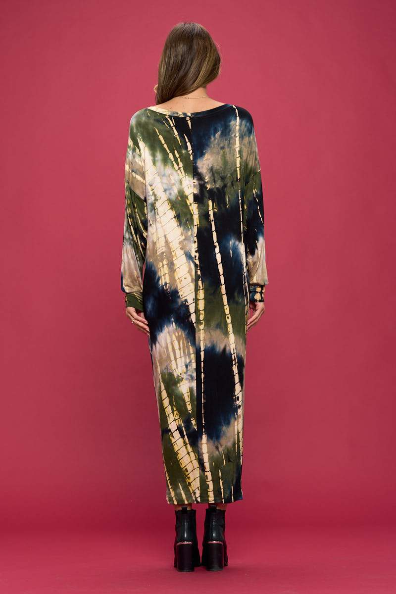 Tie Dye Long Sleeve Maxi Dress with Cuffed Sleeve