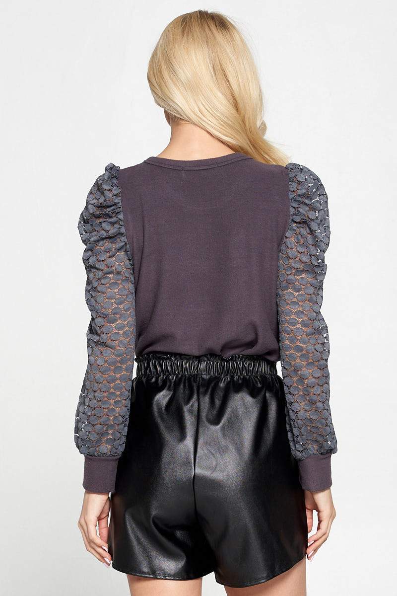 Charcoal Sheer Polka Dot Puff Sleeve Top