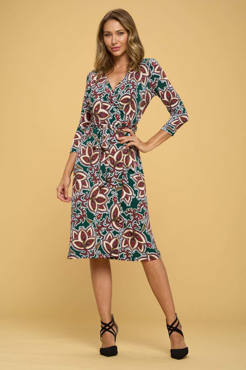 Print V neck Jersey Wrap Dress with Tie