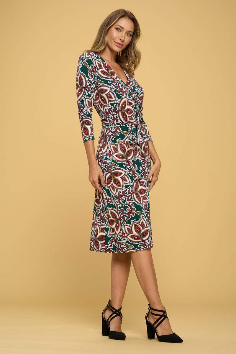 Print V neck Jersey Wrap Dress with Tie