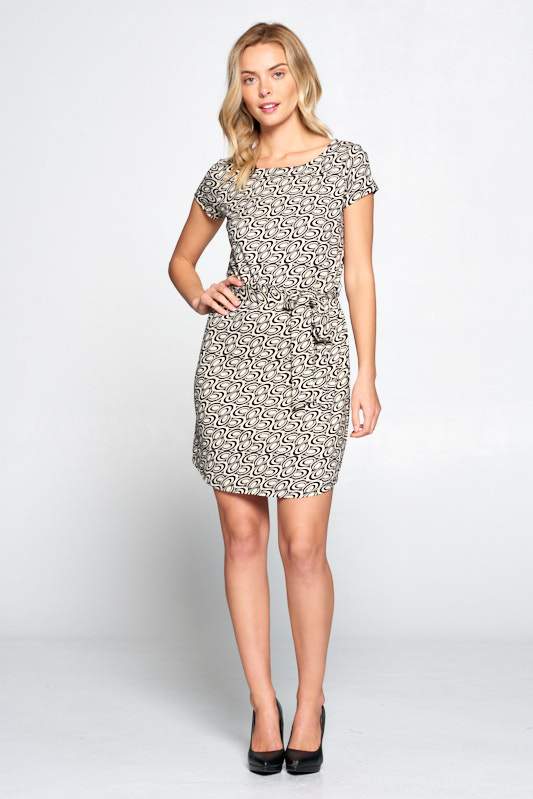 Retro Print Dress with Waist Tie