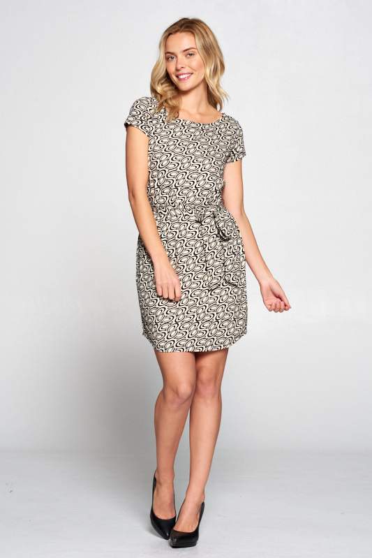 Retro Print Dress with Waist Tie