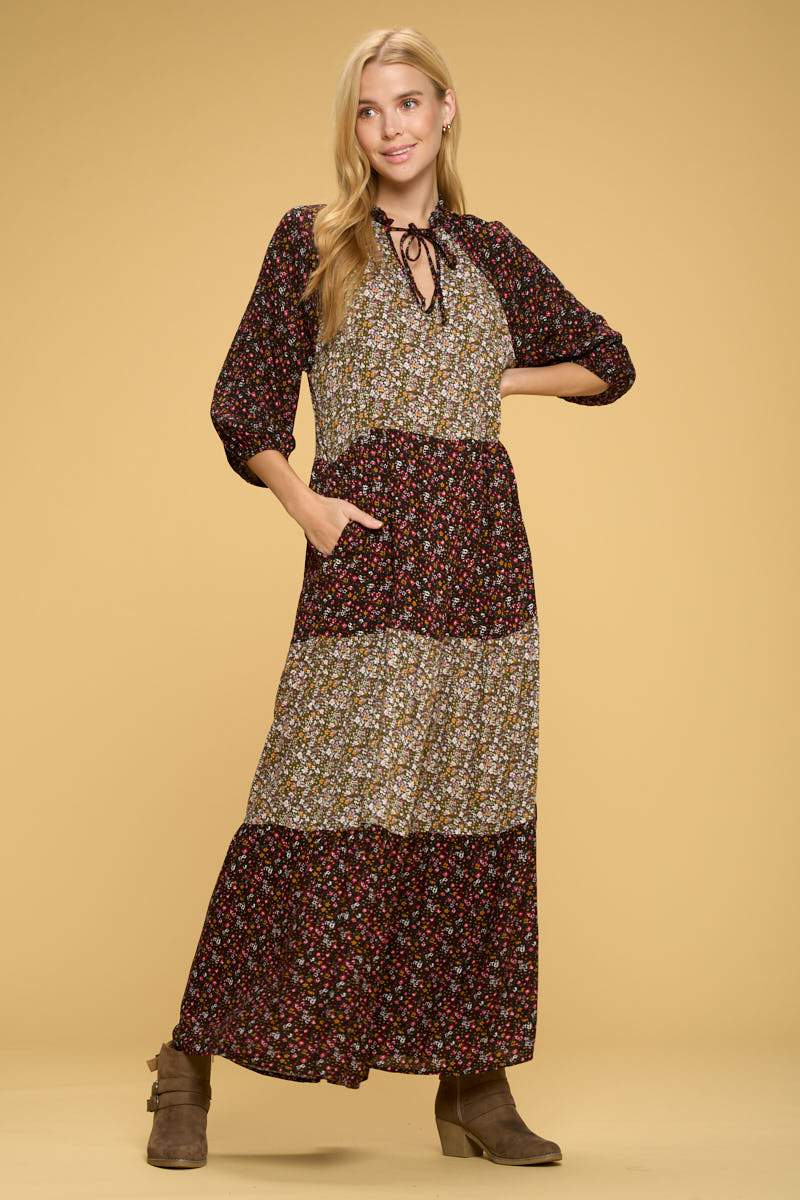 Ditsy Floral Maxi Tier Dress with Tie Collar