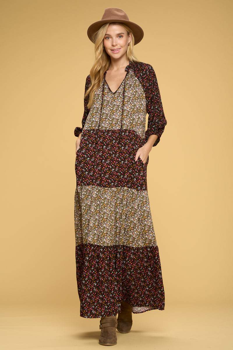 Ditsy Floral Maxi Tier Dress with Tie Collar