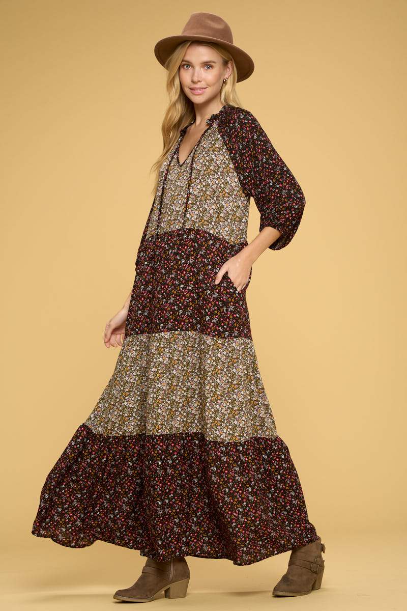 Ditsy Floral Maxi Tier Dress with Tie Collar