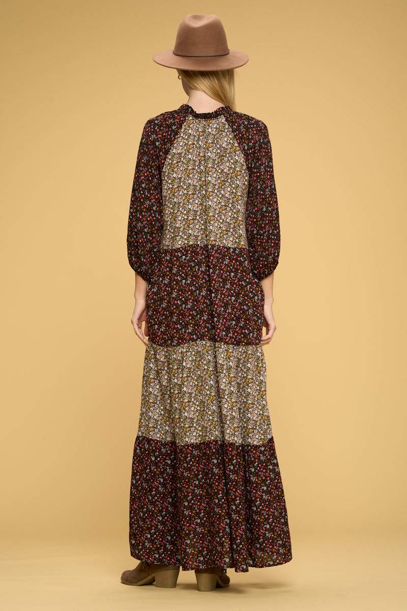 Ditsy Floral Maxi Tier Dress with Tie Collar