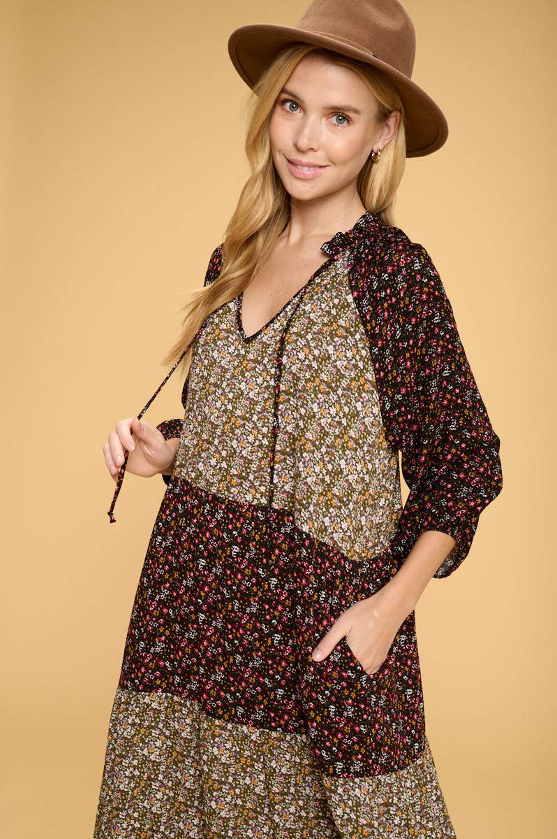 Ditsy Floral Maxi Tier Dress with Tie Collar