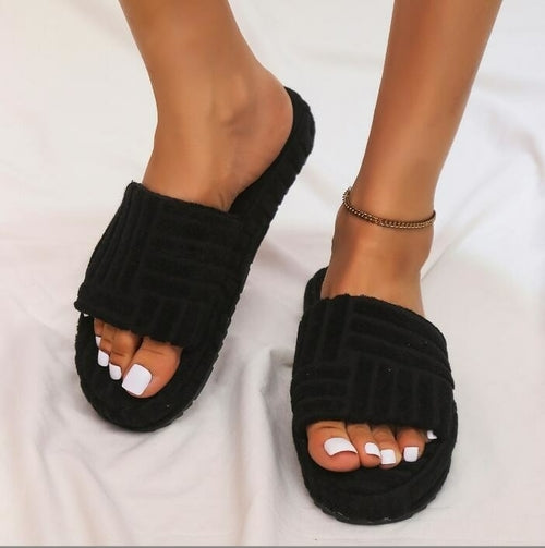 Thick Bottom Embossed Cotton Fur Women Slides