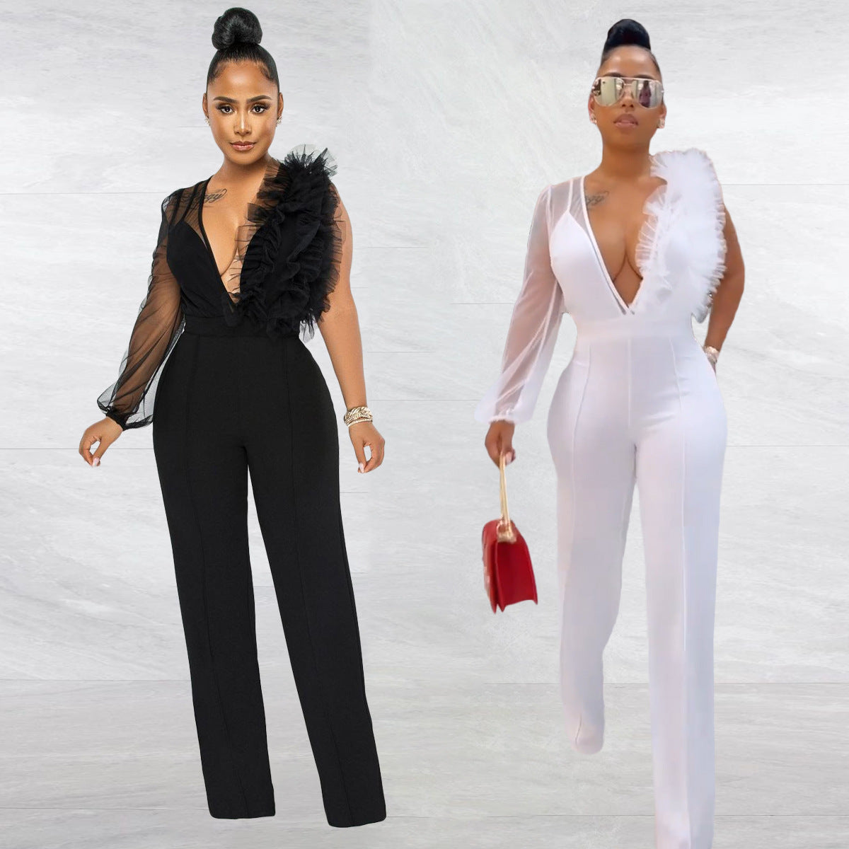 One Sleeve Plunge V-neck Sexy See Through Mesh Splicing Jumpsuits