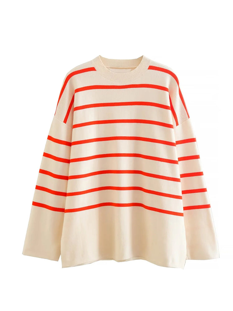 Side Slit Striped Beige Casual Knitted Pullovers Sweater