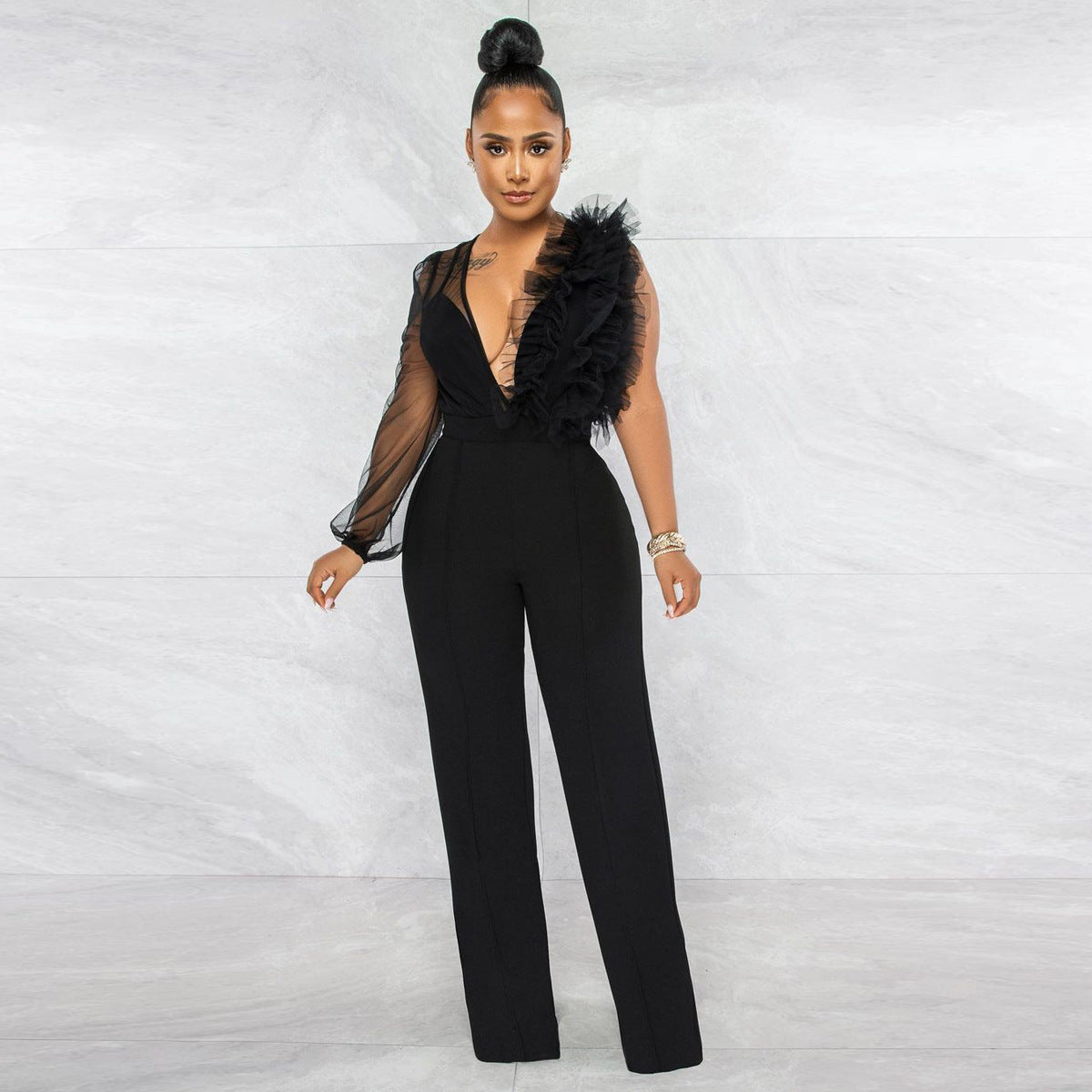 One Sleeve Plunge V-neck Sexy See Through Mesh Splicing Jumpsuits